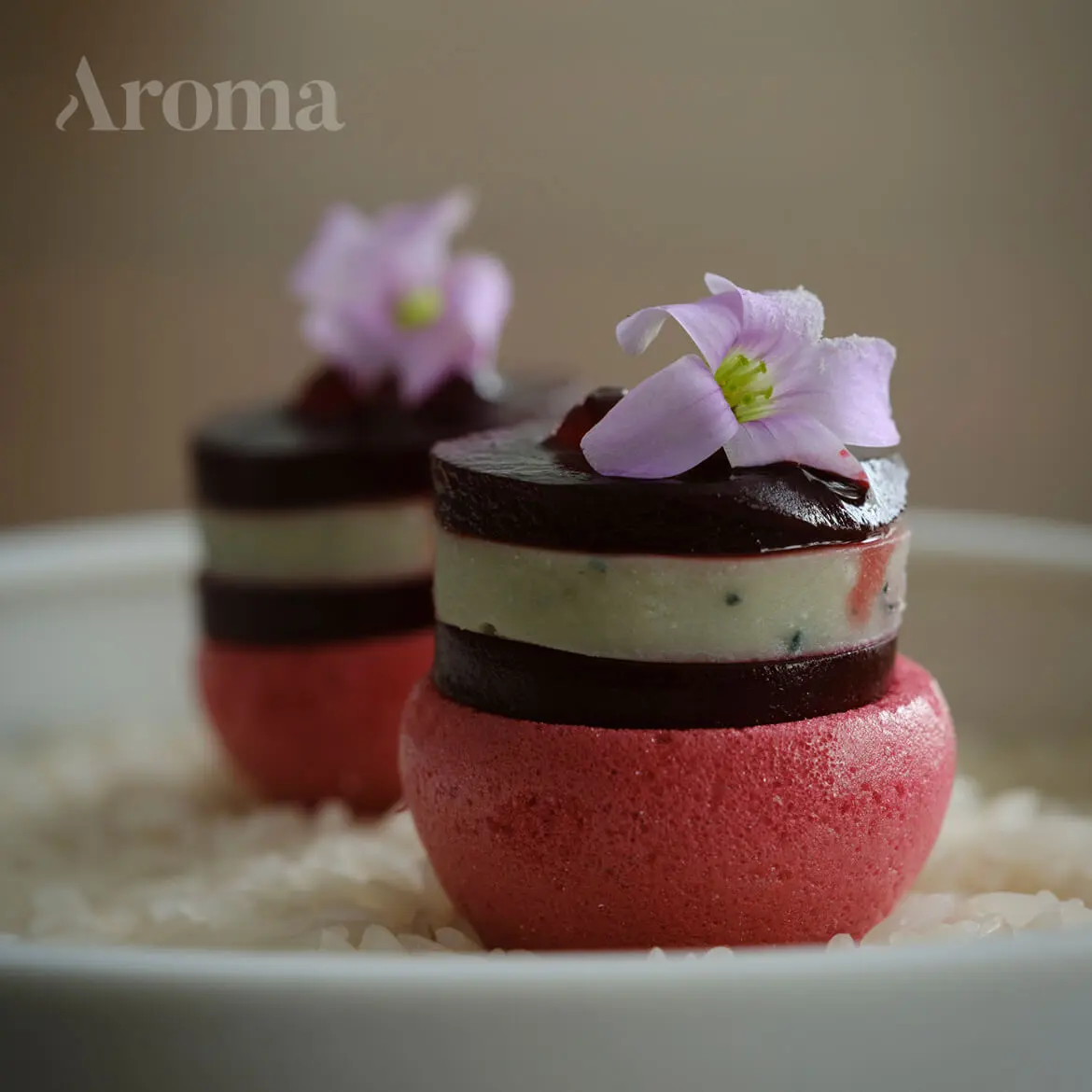 Gran tour di assaggini italiani: meringue van rode biet met mousse van pikante gorgonzola uit milaan, verschillende structuren van rode biet en gekookte most.